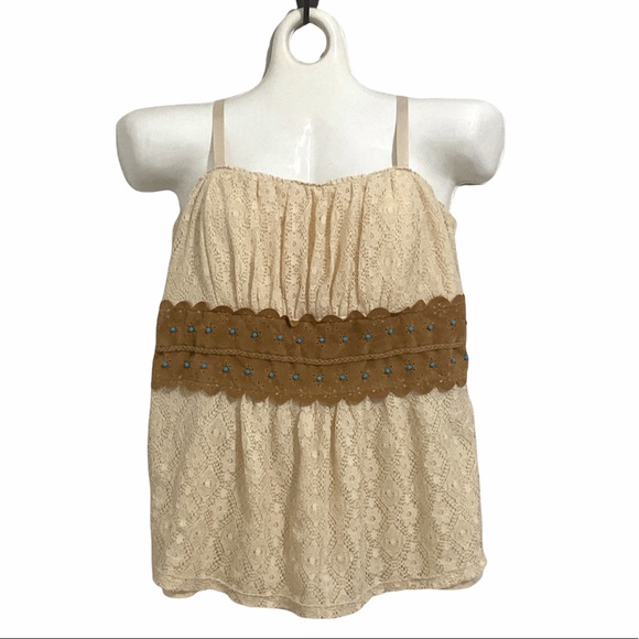 torrid Tops - Torrid cream crocheted tank top with faux suede turquoise beaded empire waist